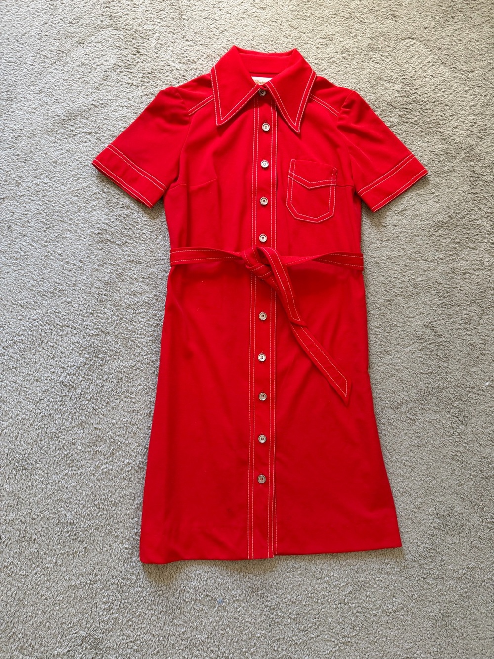 VTG ~ 1970s ~ Glenbrooke ~ Red Shirt Short Sleeve Dress ~ Dagger Collar ~ Size S